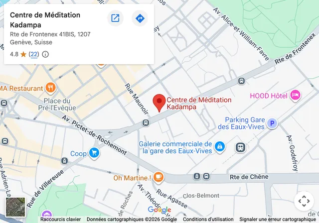 Plan d’accès : Centre de Méditation Kadampa Genève, route de Frontenex 41bis, 1207 Genève, près de la gare des Eaux-Vives